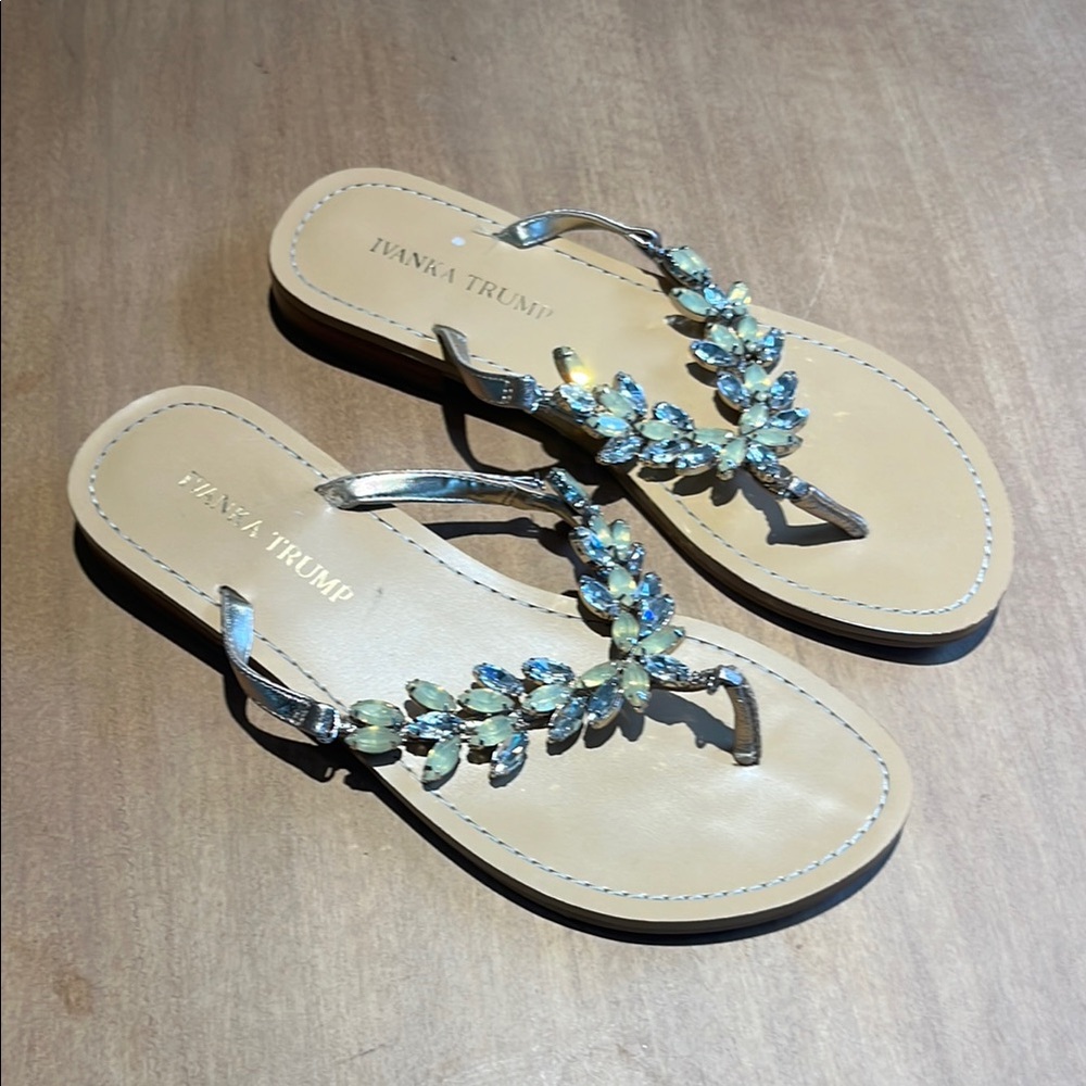 Ivanka Trump Silver Cream Sandals with Decorative Straps